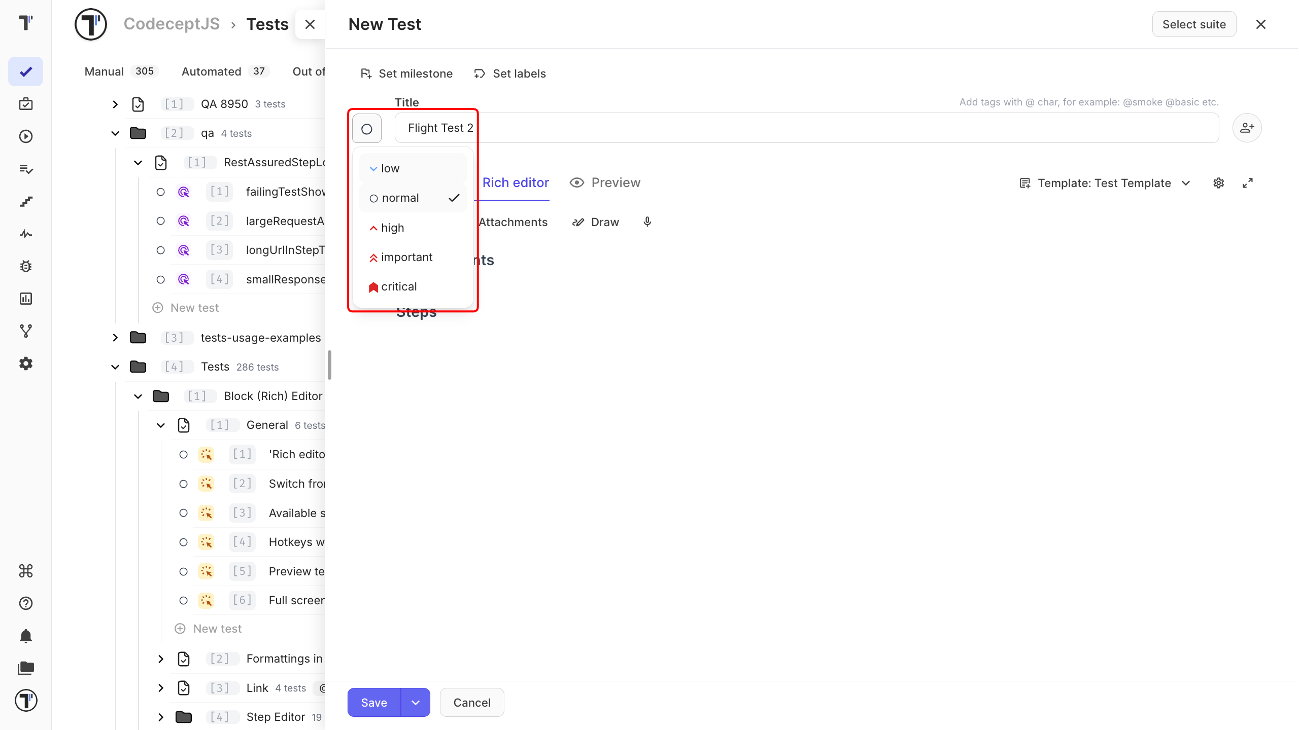 The priority list open next to the New Test indicator