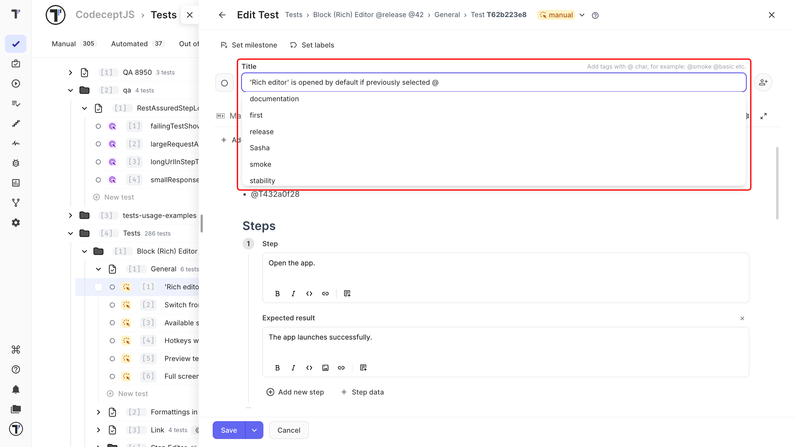 Typing the @ symbol in a test title and the drop-down of existing tags